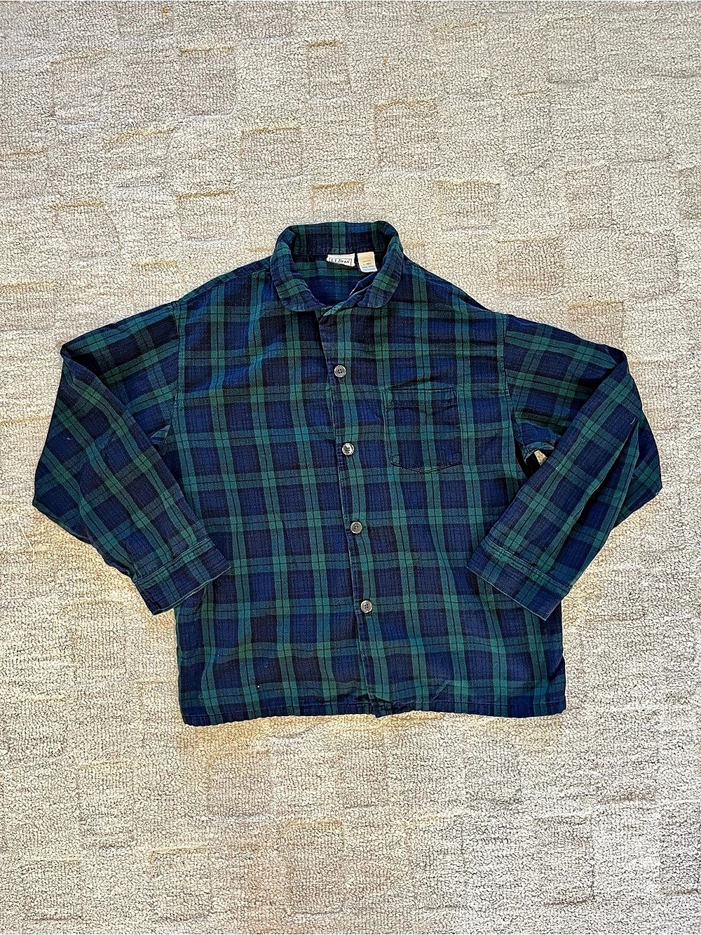 L.L. Bean Men’s Large Plaid Flannel Pajama Shirt Green Blue Button Up Lounge Top